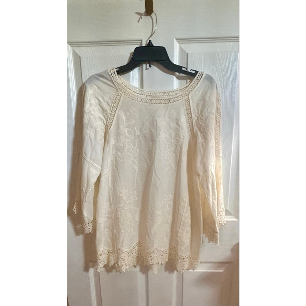 Soft Surroundings Cream Embroidered Eyelet Cotton Blouse - Picture 2 of 7